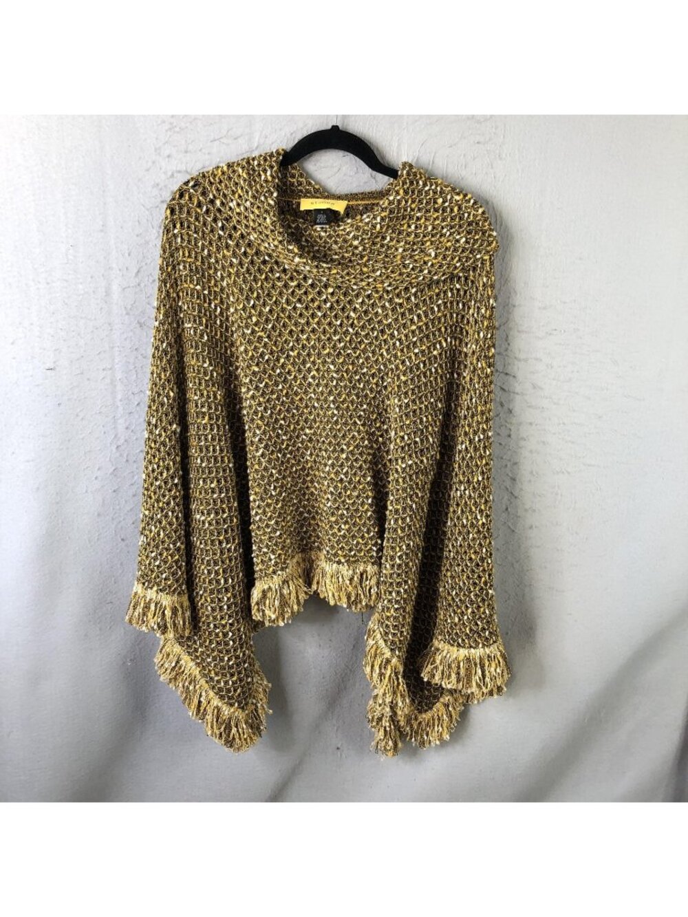 St. John Cape Sweater Womens S Gold Wool Blend Cowl Neck Fringe Open Knit Poncho